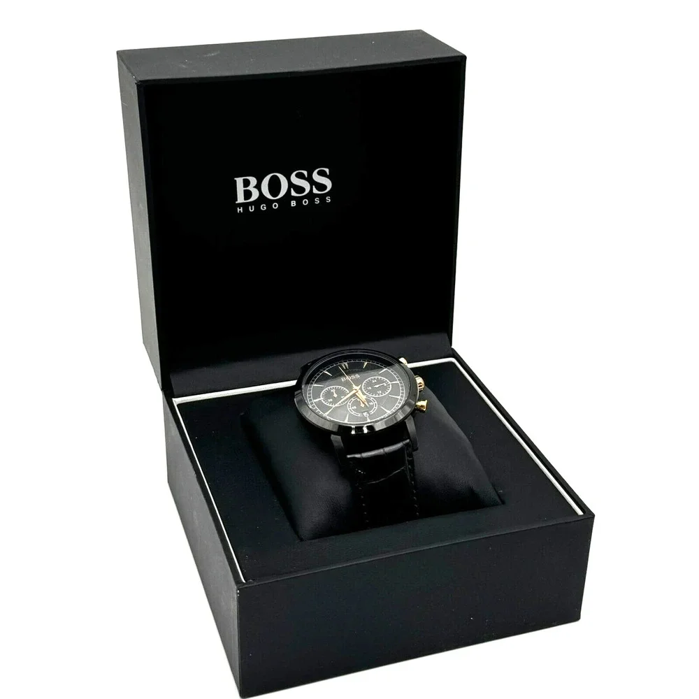HUGO BOSS Black Gold Dial Watch Croc Embossed Leather Band‎ Water-Resistant Date